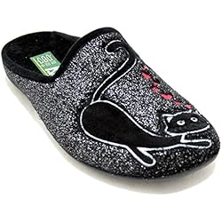 Isasa 5218 - Zapatillas Abiertas Negras con Dos Gatos y Corazones - Negro, 37