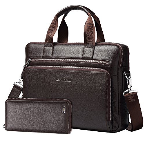 BISON DENIM Herren klassische echtes Leder Aktenkoffer Laptop Schulter Messenger Bag Business Tote  Coffee 2PCS  