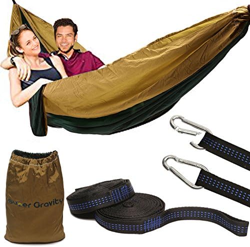 Easy Setting Double Parachute Camping Hammock - Ultra Capacity 300KG With Straps &amp; Steel Carabiners Garden Swing - Portable Lightweight Nylon Hammocks For Present, Travelling, Beach, Backyard, Hiking (Green and Khaki)