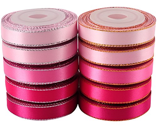 LaRibbons 10mm Breitem Gold/Silbernem Rand Doppelseitigem Satin-Band, 4.5m x 10 Farben ( Rosa Style )