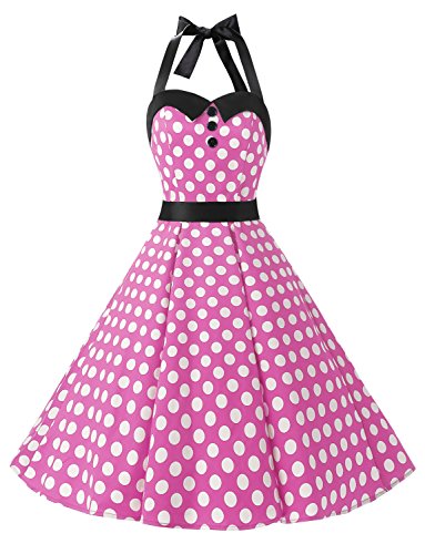 Dressystar Vestidos Corto Cuello Halter Estampado Flores y Lunares Vintage Retro Fiesta 50s 60s Rockabilly Mujer Rosa Clara Blanco Lunares XS