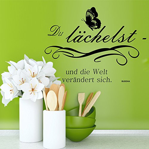 greenluup® Wandtattoo Sprüche Buddha Glück Motivation in Schwarz mit Schmetterling Wohnzimmer, Küche, Schlafzimmer, Büro, Praxis, Laden