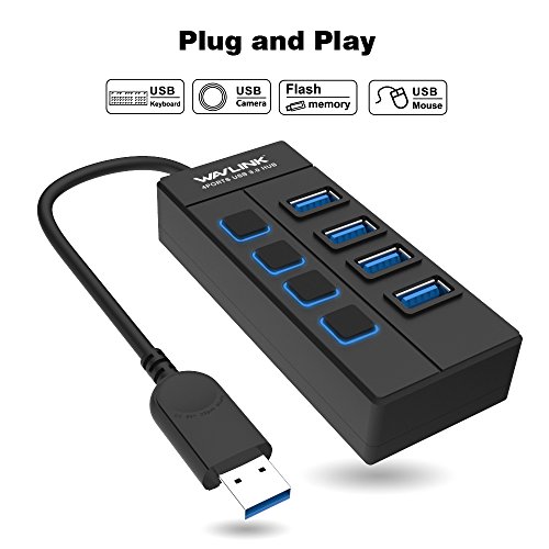 WAVLINK USB 3.0 4-Port Hub mit einzelnen Power Schalter und LED für Laptops, Macbook, Ultrabooks und weiteren USB 3.0 kompatiblen Geräten - 4