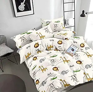 Dark Edge Home 210 Tc Kids Printed White Jungle Designer Bed Sheet for for Kids Boys-Girls Room Cotton (90