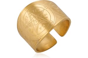 kkjoy Enochian Angel Amulet Wide Band Ring Stainless Steel Pentagram Satanic Baphomet Goat Ring Viking Vegvisir 24 Runes Band Triple Moon Goddess Adjustable Open Finger Rings Jewelry for Men Women