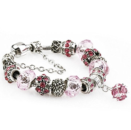 Preisvergleich Produktbild Ziwater Pandora Charms Armband Retro Silber Diamanten Blume DIY Wulstige Armband Handgemachte Beads Modeschmuck (19cm, Rosa)