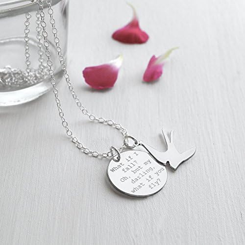 Personalised Sterling Silver Disc and Swallow Necklace 'What If I Fall?'