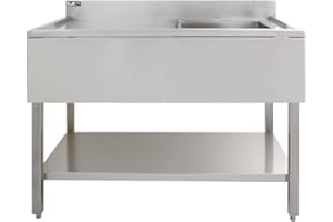 KUKOO Catering Sink Stainless Steel Commercial Kitchen Restaurant Bar Utility Single Bowl Left Hand Drainer Free Standing Lower Storage Shelf Adjustable Feet Splashback 90 x 120 x 60cm Free Strainer Plug
