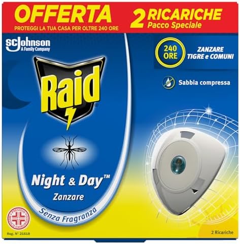 Raid Night & Day Ricarica, Antizanzare e Repellente Zanzare Inodore a Sabbia Compressa, Confezione da 2 Ricariche, Senza Profumo