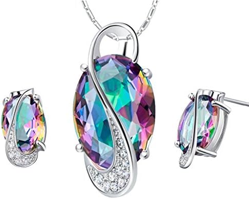 Layla Jewellery 18k White Gold Plated Alloy Colorful Gemstone Jewelry Set include Pendant Necklace and Stud Earrings for Ladies Ball