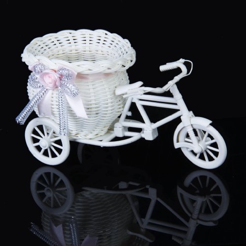 Handmade Rattan Blumen Dreirad Fahrradkorb Körbe für Blumenvase Lagerung Dekoration (weiß Rosa) - 8