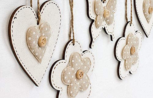 6x Deko Anhänger Blume Herz Schmetterling zum Hängen aus Holz weiß, 8 x 7,2cm, Frühlingsdeko Hängedeko für Frühling Sommer - 2