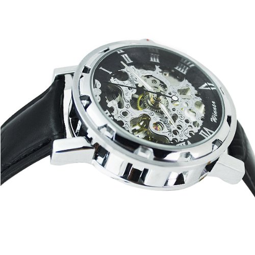 TRIXES Mechanische transparente Herrenarmbanduhr zum Aufziehen aus Edelstahl und mit Kunstlederarmband