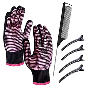 Heat Resistant Gloves for Hair Styling, FITDON 2PCS Professional Heat Glove Mitts with Silicone Bumps & 4PCS Hair Clips & 1PC Styling Comb for Curling Iron Wand Flat Iron Hair Straightener