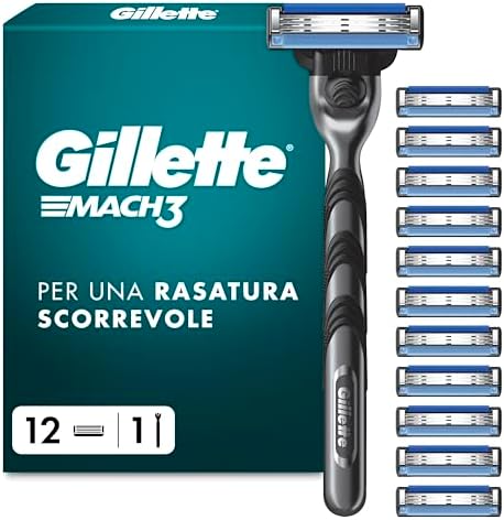 Gillette Mach3 Regolabarba Uomo, Lame Rasoio a Mano Libera, 1 Manico e 12 Lamette da Barba da 3 Lame, Facile Risciacquo, con Gel Lubrificante, Fino a 15 Rasature con 1 Testina azzurro