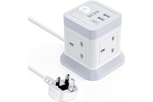 3M Extension Lead Cube With USB, BEVA 4 Gang Extension Socket With 3 USB Ports, Power Strip With Switch Multi Plug Extension with 3 Metre Long Cable For Home Office Travel