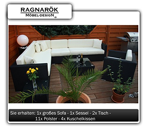 PolyRattan Lounge DEUTSCHE MARKE -- EIGNENE PRODUKTION 7 Jahre GARANTIE Garten Möbel incl. Glas und Polster Ragnarök-Möbeldesign (schwarz) Gartenmöbel