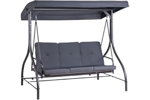 Hortan Dondolo Altalena XL 3 Posti Con Funzione Letto, Tetto Parasole Regolabile, Struttura In Acciaio E Tessuto Impermeabile, Per Arredo Giardino, Terrazzo e Balcone