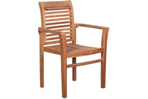 MR. DEKO® Derby Fauteuil empilable en bois de teck - Avec accoudoirs - Chaise longue - Chaise de jardin empilable - Meubles d'extérieur en teck - Pour balcon, terrasse, jardin d'hiver, jardin
