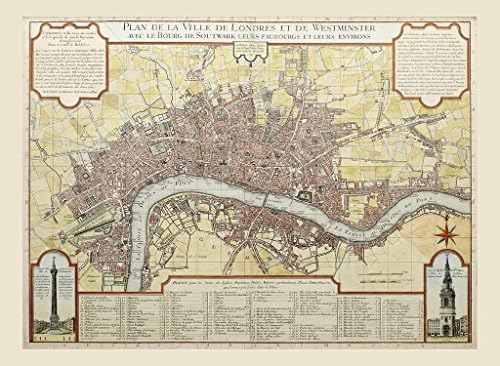 Maxi Size Reproduction Antique Map of City of London & Westminster 1720s, 18th Century, by Guillaume Danet (76 x 58 cms)