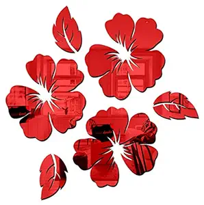 Bikri Kendra - Art BK25, Flower and Leaf Red - 3D Acrylic Mirror Stickers for Wall (Pack of 6)