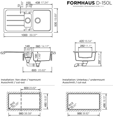Schock Formhaus D-150 L Croma Granit-Spüle Küchenspüle Grau Einbau Spüle Auflage - 2