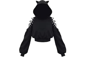 EUDOLAH Sudadera Corta Ligera Chica Mujer con Capucha Orejas De Gato y Hombros Abiertos y Cintas