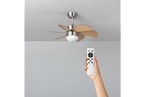 TECHBREY Ventilatore da Soffitto con luce LED Orion Legno, 6 pale in legno, silenzioso, 6 velocità, telecomando, diametro 80 cm, motore DC
