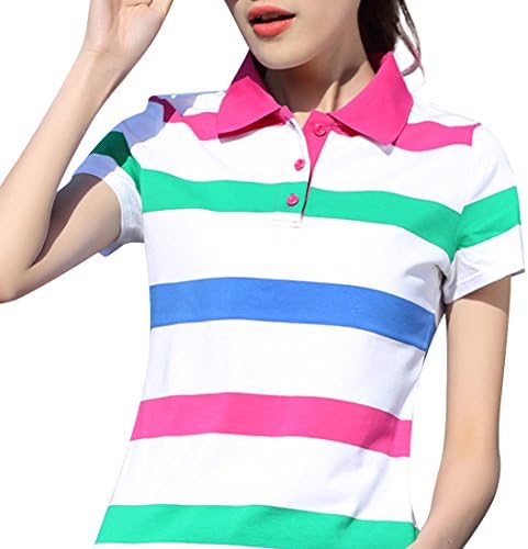 AEROBIC Womens Sport POLO Shirt Summer Casual Short Stripe Tennis Shirt Rose Pink White Large