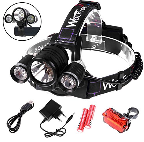 Wolfyok 5000 Lumen LED Aluminium Kopflampe / Fahrradbeleuchtung Set, 3X CREE XM-L XML T6, Super Helle Wasserdichte, 4 Modi Stirnlampe für Outdoor Reiten Nachtangeln Wandern Camping + Fahrrad Rücklicht