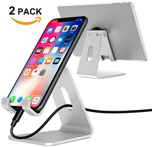 PolySky 2 Pack Cell Phone Stand Holder Tablet Dock Cardle Universal For Smartphone iPhone 8 X 6 7 5S iPad Mini Pro Air Samsung Galaxy Tab A E S8 Moto Desk Metal Adjustable Mobile Charging Stand Mount (2 Pack-Silver+Silver Angle Adjustable)