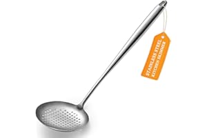ReaNea Schaumlöffel aus Edelstahl, feinmaschige Siebkelle mit langem Griff, schnelles Abseihen & Abtropfen, leicht zu reinigen, mit Hängeöse – Für Frittieren, Kochen, Nudeln & Gemüse