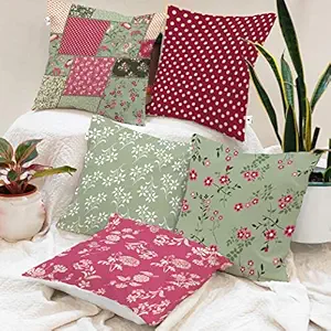 BRICK HOME Peach-Patch Printed Canvas Cotton Cushion Cover, Multicolour, 16x16 Inches, Set of 5