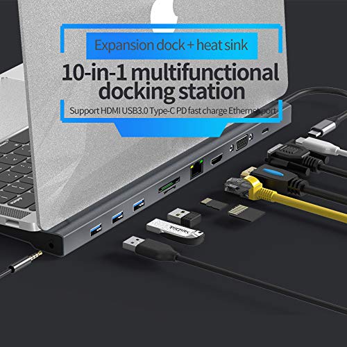 PintoMed HUB C USB, Adaptador Tipo C Dock Station USB portatil 10 en 1. USB-C PD, 3 USB 3.0/2.0, VGA, HDMI 4K, Giga LAN, Tarjeta SD/TF Conector de Audio de 3.5 mm