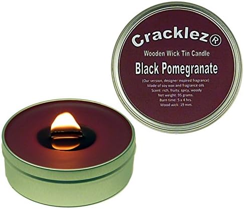 Cracklez Crackling Scented Wooden Wick Tin Candle Black Pomegranate. Designer Perfume Inspired. Dark-red.