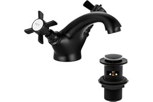 HEXMIXER Black Victorian Bathroom Sink Tap for Basin with Pop Up Sink Plug Dual Cross Lever Brass Swan Neck Bathroom Tap Mixer Traditional Basin Mixer Tap 044BK