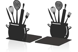 Hobbspring 2Pcs Black Kitchen Bookends 11x13.5x20cm Spoon Decorative Bookend with Non-Slip Mat Cookbook Storage Books Stoppers Metal Kitchen Cookbook Holder for Back to School Small Large Heavy Books