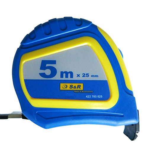 S&R Bandmaß Metrisch und Zoll Q-Serie 5m / 16 ft, Band 25 mm, Massband Nylon beschichtet, schlagfestes Rollband gummiertes Gehäuse - 2