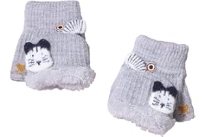 AHDMR Mitaines Chauds Enfants Gants Convertibles Doublure Peluche Thermique Hiver Moufles de Renne Mignon Gants Demi-Doigts Tricoté Epais Mitaine d'Extérieur Jouer Ski Flexible pour Garçons Filles 2-5 Ans
