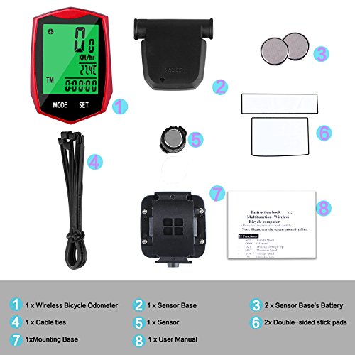 Vegbirt Fahrradcomputer, Drahtloser Fahrradcomputer, Kilometerzähler, automatische Wake-up Große Hintergrundbeleuchtung LCD Display (Rot) - 6