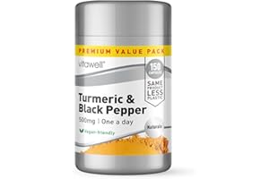 Vitawell Turmeric & Black Pepper | 150 Capsules | 500mg Turmeric (Curcuma longa) with Black Pepper | 1 a Day Adult Vitamin | 5 Month Supply | By Vitawell