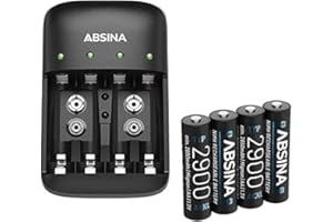 ABSINA Chargeur de Piles Rechargeables AA AAA & 9V + 4X AA 2900 Pile - Chargeur de Pile NiMH avec 4 emplacements - Chargeur Piles Rechargeable pour AAA, AA & 9V - Chargeur Pile, Chargeurs de Piles