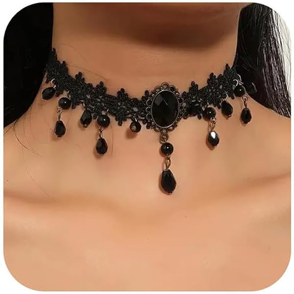 2-teiliges Gothic Halsketten Set - Schwarz Spitze Choker Vintage