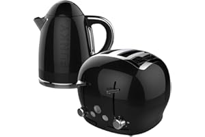 THE FUNKY APPLIANCE COMPANY FUNKY Retro Kettle and Toaster Breakfast Set, 1.7L Easy Pour Kettle, Large Deep and Wide Toaster - Black