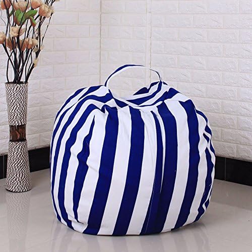 JC Trumps toy Storage Bean Bag,Large Capacity Spherical Canvas Bean Bag Chair,Kids Plush Toy Clothes Quilts Organizer(blue stripes, 38 inch)