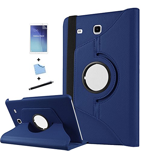TIODIO® 360° Drehbares Ledertasche Für Samsung Galaxy Tab E 9.6-Inch SM-T560/SM-T561 Schutzhülle Case Tasche mit Ständerfunktion+ Displayschutzfolie + Eingabestift Stylus Touch Pen, Blau