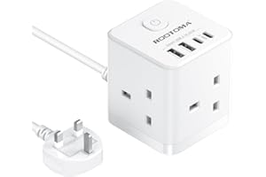 ROOTOMA Cube Extension Lead with USB C Slots, 3 Way Power Extension with 4 USB (5V/3.1A 15.5W), Small Tower Extension Lead for Home, Office, Dorm Room, 2M, 13A/3250W