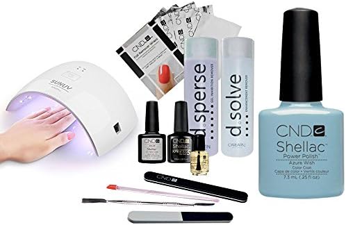 CND Shellac Starter Kit + 24w LED Lamp + All The Essentials | Top Coat, Base Coat, 1 Colour (Azure Wish + Lamp Kit)