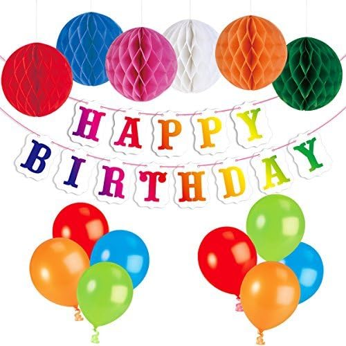 PBPBOX Birthday Decorations, Happy Birthday Banner and 6 Colorful Paper Honeycomb Balls, 24 Party Balloons