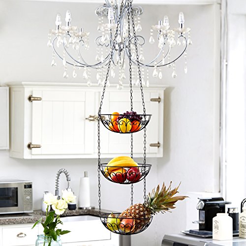 Chefarone Hängekorb – Obstkorb Set zum Hängen 3-tlg – Küchenampel mit 130cm Kette für extra viel Platz – Obst Etagere auch geeignet als Gemüsekorb – Landhaus Hänge-Etagere matt schwarz – Gemüseampel mit 28cm Durchmesser – Belastbar bis 5kg - 6